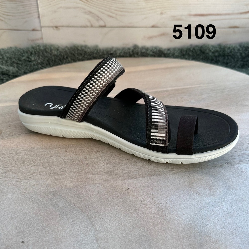 Ryka Stella Comfort Sandals Black White Casual Walking Slides Womens 8.5